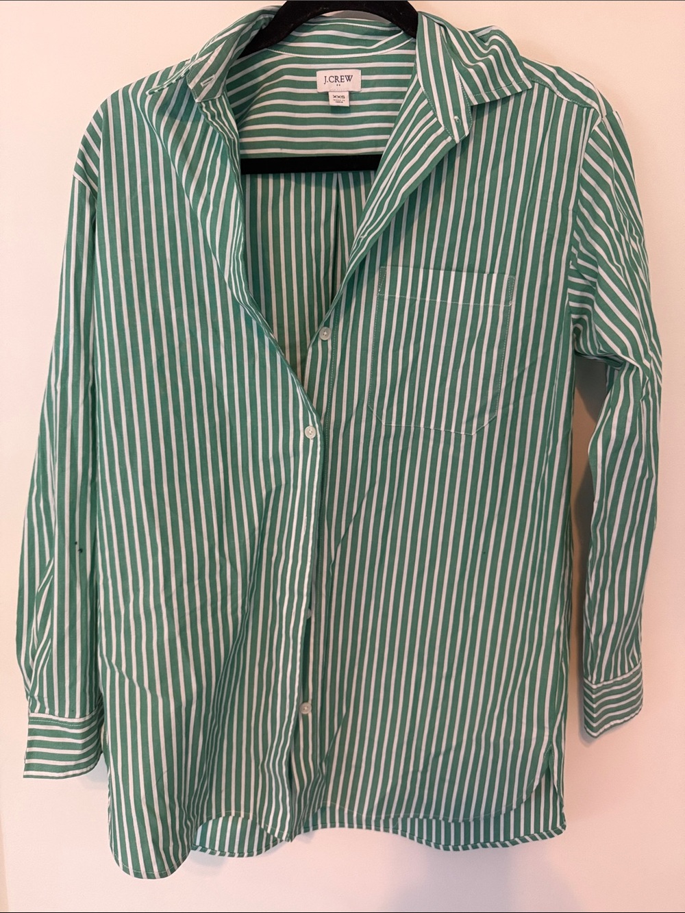 J. Crew Green and White Vertical Stripe oversized Button-Down Shirt